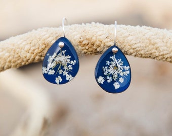 Pendientes Flor de anís azul gancho plata, flor seca prensada, original, regalo mujer, cumpleaños, aniversario, colorido resina y flor real