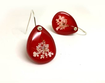 Pendientes Flor de anís rojo gancho plata, flor seca prensada, original, regalo mujer, cumpleaños, aniversario, colorido resina y flor real