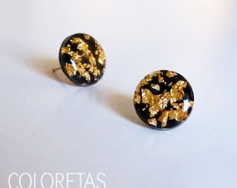 Pendientes Chispas Negros Pequeños - Pan de oro - Joyas elegantes - Joyas de diseño - Alta calidad - Dorado