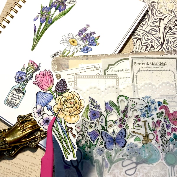 digital stickers - printable - spring - flowers - digital drawings - iris - Lilly of the Valley - rose - berries- freesia - pansy - wax seal