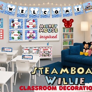 Colorful Mickey Mouse inspired, colorful Classroom Decor, with nostalgic Steamboat Willie characters for a customizable teaching environment