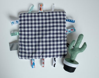 Checkered Crinkle Blanket, Sensory Ribbon Toy, Baby Boy Tag Toy, Minky Blanket