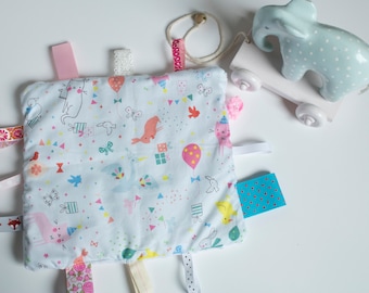 Little Animals Crinkle Blanket, Sensory Ribbon Toy, Baby Girl Tag Toy, Minky Blanket