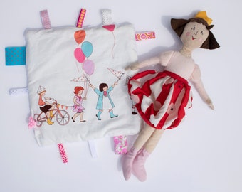 Children Parade Taggie Blanket, Sensory Ribbon Toy, Baby Boy Tag Toy, Minky Blanket