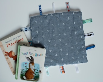 Anchor Pattern Taggie Blanket, Sensory Ribbon Toy, Baby Boy Tag Toy, Minky Blanket