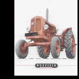 May include: A red Nuffield Universal tractor with a black grille and black wheels. The tractor is on a white background.
