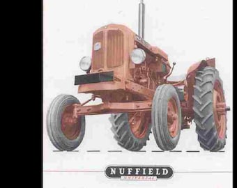 May include: A red Nuffield Universal tractor with a black grill and black wheels. The tractor is on a white background.