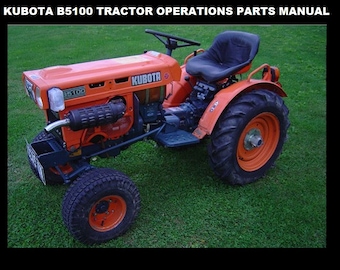 May include: An orange Kubota B5100 tractor with a black seat and a black exhaust pipe. The tractor is on a green grassy field.