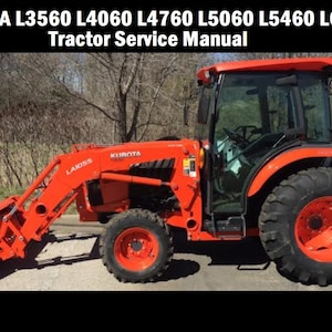 May include: A red Kubota L3560 L4060 L4760 L5060 L5460 L6060 tractor with a front loader attachment. The tractor has a black cab with a windscreen and a black steering wheel. The tractor is on a paved road with trees in the background.