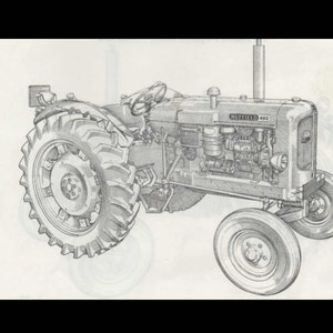 May include: A black and white line drawing of a Nuffield 460 tractor. The tractor has a large front tyre and a smaller rear tyre. The tractor has a large engine and a long exhaust pipe.
