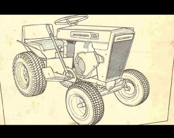 May include: A black and white line drawing of a Jacobsen 1200 riding lawnmower. The lawnmower has a large, open grill on the front and a seat behind the steering wheel.