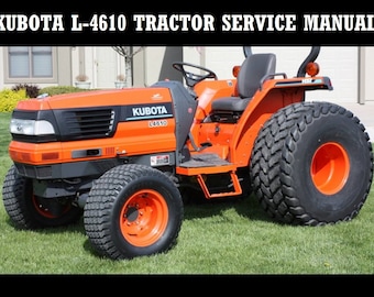 May include: Orange Kubota L4610 tractor with black tires and a black grill. The tractor has a black seat and a black steering wheel. The tractor is on a green lawn.
