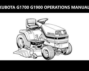 Può includere: Disegno al tratto di un tosaerba Kubota G1700 G1900. Il tosaerba ha un sedile, un volante e un piatto di taglio. Il testo "KUBOTA G1700 G1900 OPERATIONS MANUAL" è nella parte superiore dell'immagine.