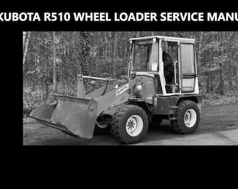 May include: A black and white photo of a Kubota R510 wheel loader. The loader is in a wooded area and has a large bucket attached to the front.