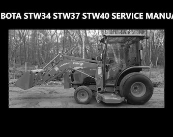 May include: A black and white photo of a Kubota STW34 STW37 STW40 tractor with a front loader attachment. The tractor is in a wooded area and has a roll cage.