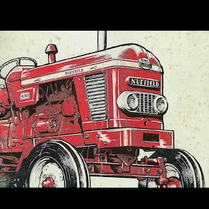 May include: A red Nuffield tractor with a BMC diesel engine. The tractor has a grill with a chrome surround and a large front tyre.