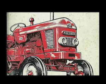 May include: A red Nuffield tractor with a BMC diesel engine. The tractor has a grill with a chrome surround and a large front tire.