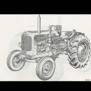 May include: A black and white line drawing of a Nuffield 3/45 tractor. The tractor has a large rear wheel and a smaller front wheel. The tractor has a large engine and a long exhaust pipe.