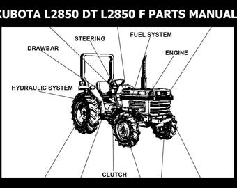 May include: A black and white line drawing of a Kubota L2850 DT L2850 F tractor with labeled parts including the steering, drawbar, hydraulic system, clutch, fuel system, and engine.