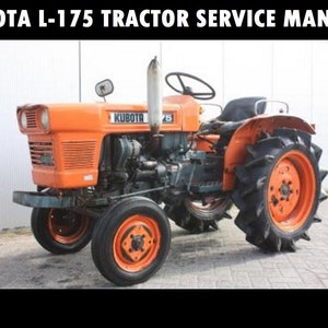 May include: An orange Kubota L-175 tractor with a black and orange wheel. The tractor has a black steering wheel and a black seat. The tractor is on a gray concrete surface.