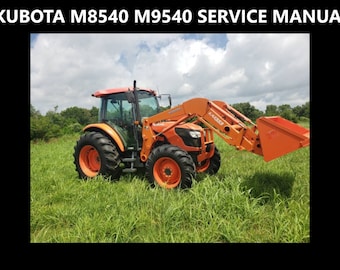 May include: An orange and black Kubota M8540 M9540 tractor with a front loader and bucket in a grassy field.