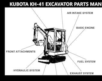 May include: A black and white line drawing of a Kubota KH-41 excavator with labels for the different parts of the machine, including the front attachments, air intake system, basic engine, fuel system, hydraulic system, and exhaust system.