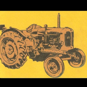 May include: A brown and black illustration of a vintage tractor on a yellow background. The tractor features large rear tyres, a steering wheel, and detailed engine components, highlighting its classic design.