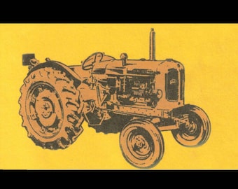 May include: An illustration of a vintage tractor in shades of brown and black against a yellow background. The tractor has large rear tires, a steering wheel, and detailed engine components, showcasing its classic design.