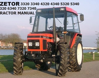 May include: A red Zetor tractor with a black cab and a black and white rear tire. The tractor is on a paved road with grass and water in the background. The text "ZETOR 3320 3340 4320 4340 5320 5340 6320 6340 7320 7340 TRACTOR MANUAL" is printed on the top of the image.