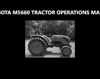 May include: A black and white image of a Kubota M5660 tractor. The tractor is in a field with trees in the background.