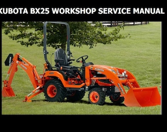 May include: An orange Kubota BX25 compact tractor with a backhoe attachment. The tractor has a roll cage and a black seat. The backhoe is in the down position and the bucket is facing the camera.
