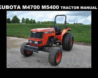 May include: A red Kubota M5400 tractor with a black grill and a black roll bar. The tractor is on a paved road with green grass in the background.