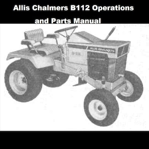 May include: Black and white line drawing of a Allis Chalmers B112 tractor. The tractor has a seat, a steering wheel, and a hood with the text "Allis Chalmers" on it.