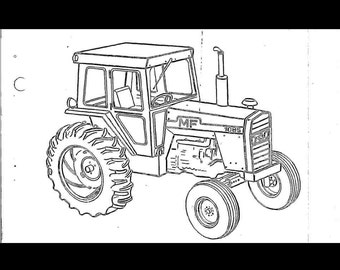 Könnte beinhalten: Eine Schwarzweiß-Zeichnung eines Massey Ferguson 1085 Traktors. Der Traktor hat eine Kabine mit einer Windschutzscheibe und einem großen Hinterrad. Der Traktor trägt den Schriftzug "MF 1085" an der Seite.