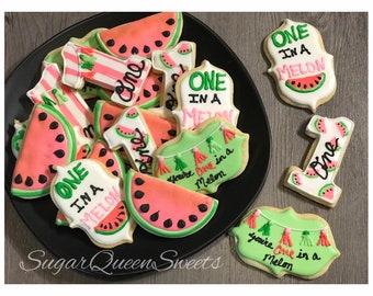 One in a melon watermelon themed sugar cookies