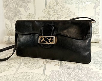 1970s Vintage Black Leather Baguette Bag/Purse with Gilt Metal Horsebit Detail. Good Quality Leather Baguette Bag/Purse Shoulder/Clutch Bag