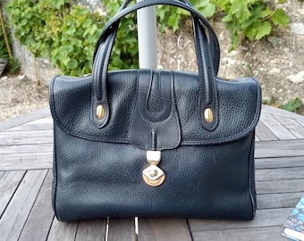 Italian Vintage Isanti Grained Leather Kelly Handbag/Purse.Made in Milan. Full Grain Leather Dark Blue Top Handle Handbag/Purse from Italy
