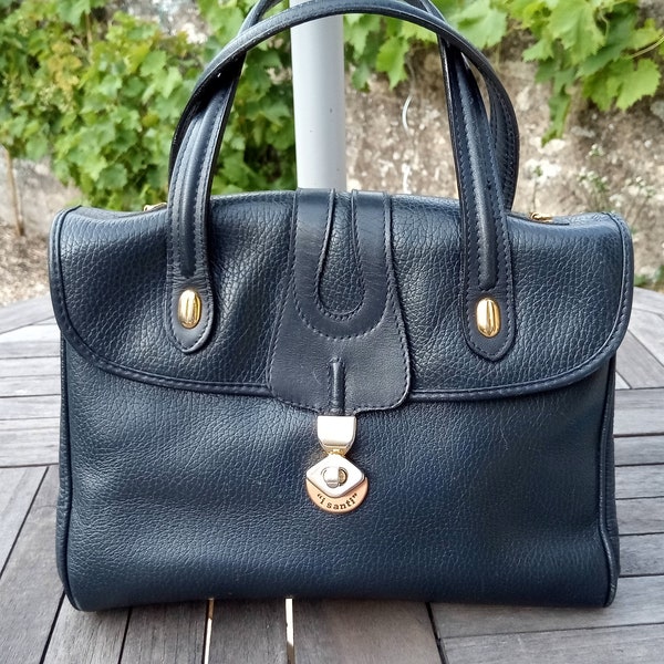 Sac à main/sac à main Kelly en cuir grainé Isanti vintage italien. Fabriqué à Milan. Sac à main/porte-monnaie en cuir pleine fleur bleu foncé avec poignée sur le dessus, importé d'Italie