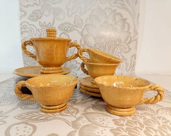 French Vintage Vallauris Pot + Plates and cups Signed Marius Giuge Artisan Pottery