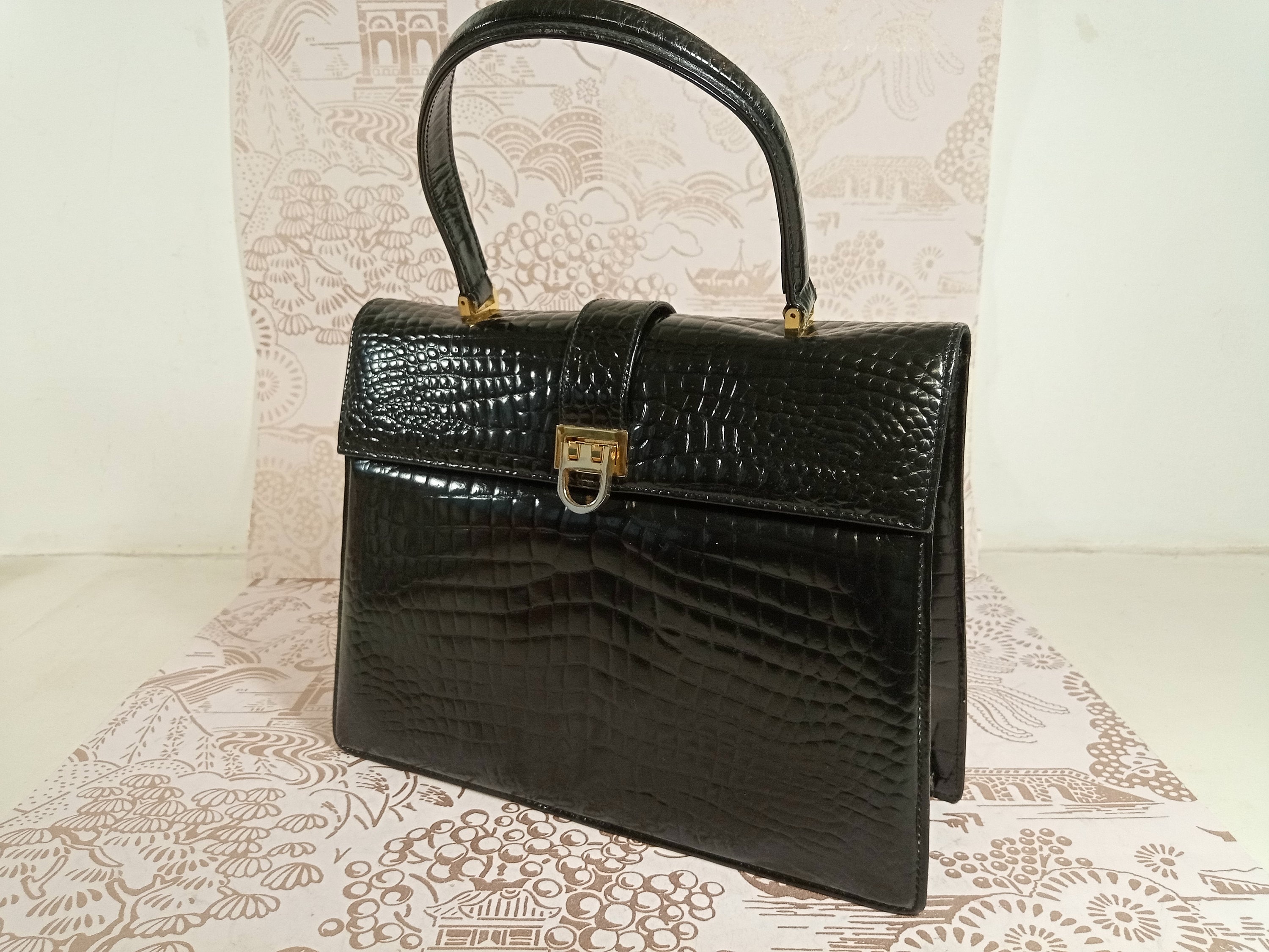 60s Premium French Vintage VIMAR Black Croc Embossed Leather Flap
