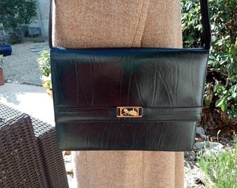 Vintage Black Leather Shoulder Bag/Clutch El Corte Ingles Barcelona. Caleche Detail.