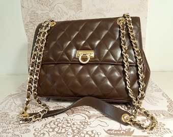Vintage El Corte Ingles Quilted Leather Shoulder Bag/Purse with Chain Straps. Brown Leather Quilted Chain Strap Shoulder Bag Made in Spain.