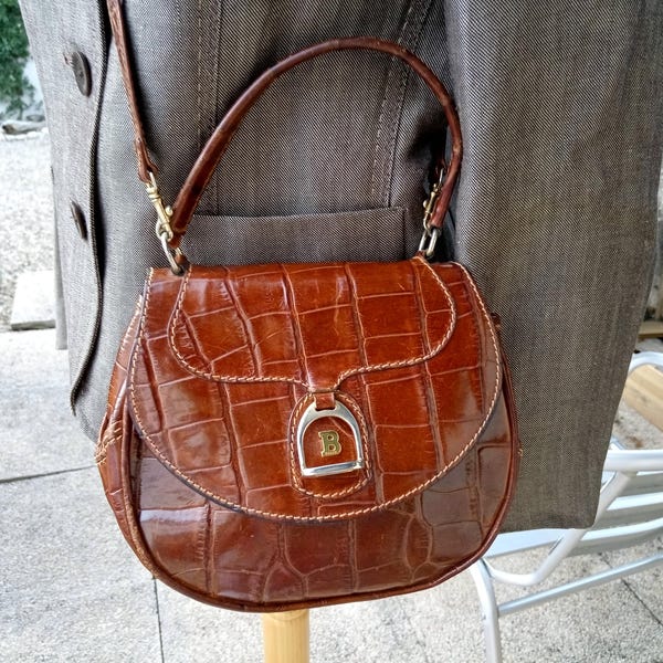 Vintage 1980s Authentic BALLY Congo Leather Mini Handbag/Purse/Shoulder Bag/Crossbody Bag/Purse in Rich Chestnut Croc Embossed Leather