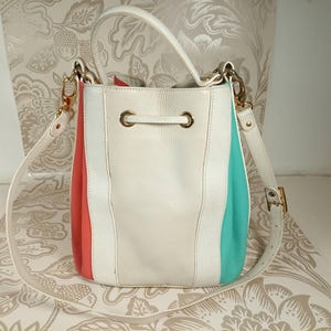 Vintage Penalva Madrid Grainy Leather Drawstring Bucket Bag top handle/shoulder strap Cream,Green & Coral Pink.Tri colour Leather Bucket Bag