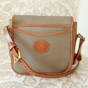 Vintage Dooney Bourke Shoulder Bag Satchel Bag in Taupe Pebbled Leather British Tan Trim. with Rare Dooney and Bourke Brass Fob Early 1980s