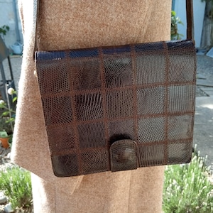 Vintage French 1970s Jean Charles Exotic Leather Patchwork Flap Over Shoulder Bag Purse in Brown. Jean Charles Berma. Size 7 inches x 7