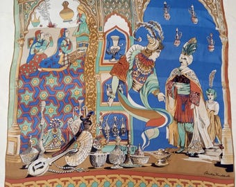 Bufanda/pañuelo de seda vintage de lujo Christian Fischbacher con estampado de Las mil y una noches.