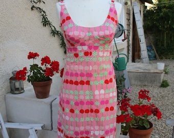 60s Vintage French Riviera Linen Dress Cherries Print  Size XS. 60s Vintage Summer Dress from Nice France Boutique Label of Burnichon Nice.