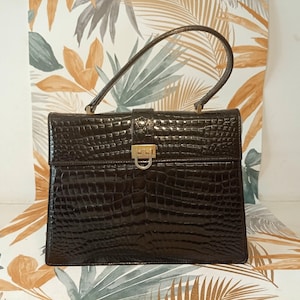 60s French Vintage VIMAR Black Croc Embossed Leather Top Handle Handbag.