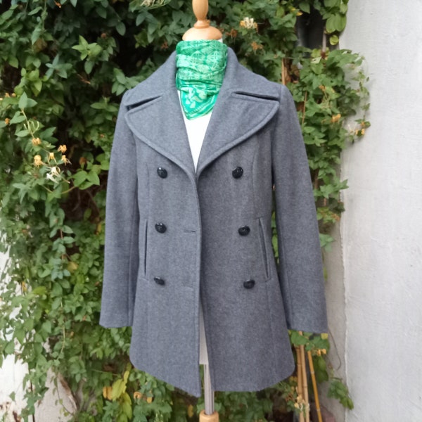 Femme Français vintage Gris Caban/Veste/Veste Reefer. Buste 34/36 pouces. Caban à double boutonnage en laine mélangée veste grise. États-Unis 6 Royaume-Uni 8 Fr 36